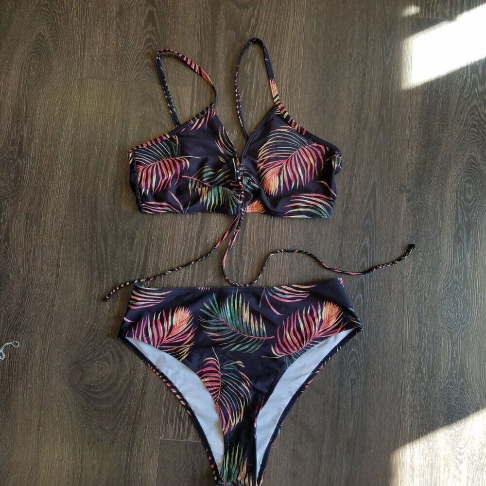 Shein High Waist Floral Two Piece Bikini Black/Orange Size Large